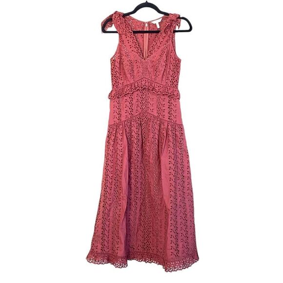 Rebecca Taylor Karina Altered Shoulder Tie Eyelet Lace Midi Dress Sz 0 - Picture 3 of 16